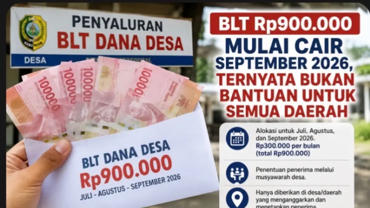 BLT Rp900.000 mulai dicairkan di sejumlah daerah pada September 2026. Bantuan ini merupakan BLT Dana Desa untuk alokasi tiga bulan.