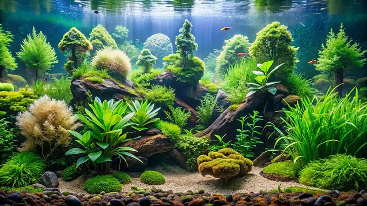 Aquarium pond tanpa filter dibuat dengan hardscape, substrate, dan tanaman air, lalu menjadi habitat baru bagi guppy dan anakannya (Pinterest).