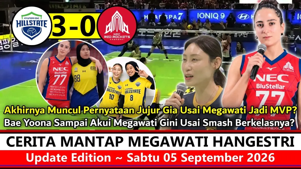 Hyundai Hill State libas NEC Red Rockets 3-0 di laga uji coba jelang KOVO Cup 2026. Megawati cetak 40 poin dan diraih MVP. Simak ulasannya!