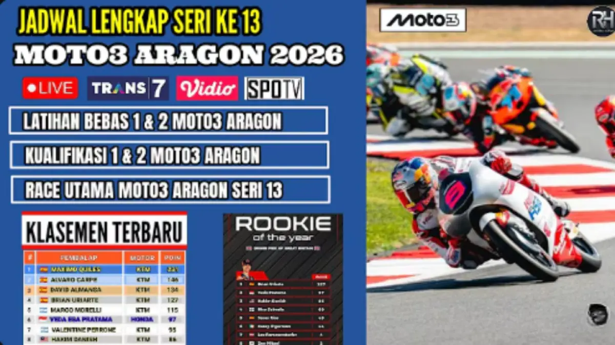 Jadwal Moto3 Aragon 2026 lengkap dengan jam latihan, kualifikasi, race, serta klasemen terbaru Feda Ega Pratama dan Maximo Killes.