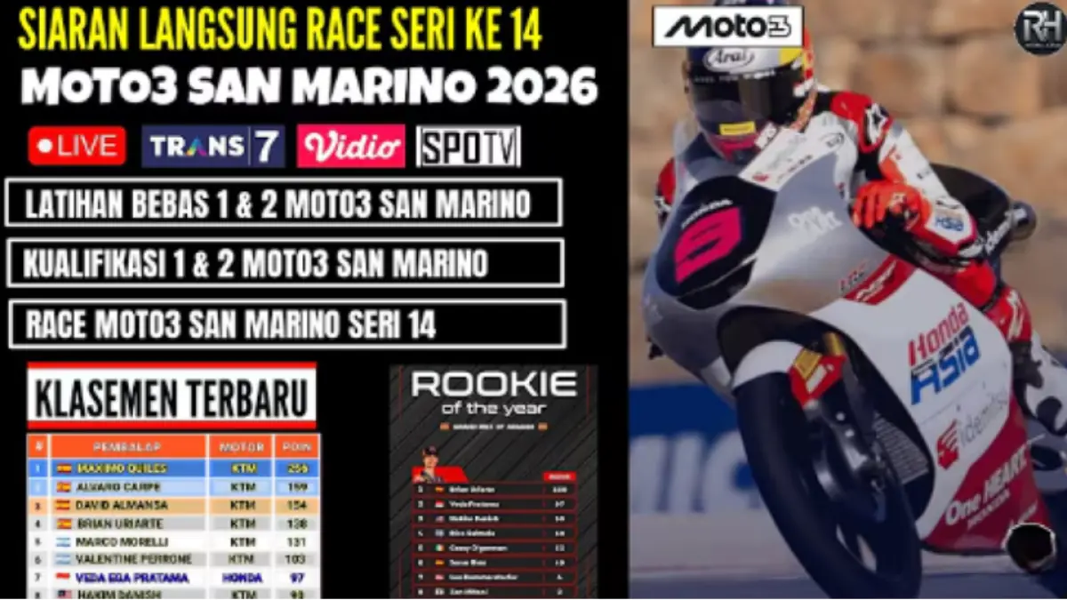 Jadwal Moto3 GP San Marino 2026 lengkap dengan jam latihan, kualifikasi, race, serta klasemen terbaru Maximo Killes dan Feda Ega Pratama.