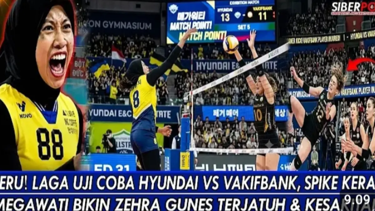 Megawati Hangestri tampil tajam saat Hyundai Hillstate menghadapi VakıfBank. Spike kerasnya membuat pemain lawan terjatuh.
