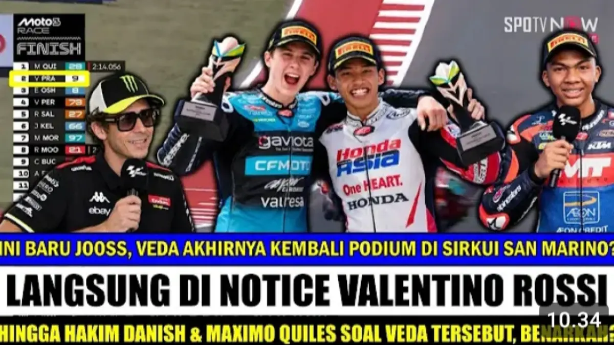 Veda Ega Pratama diklaim podium P2 Moto3 San Marino dan dipuji Valentino Rossi. Namun, video sendiri menyebut narasi itu fiktif.