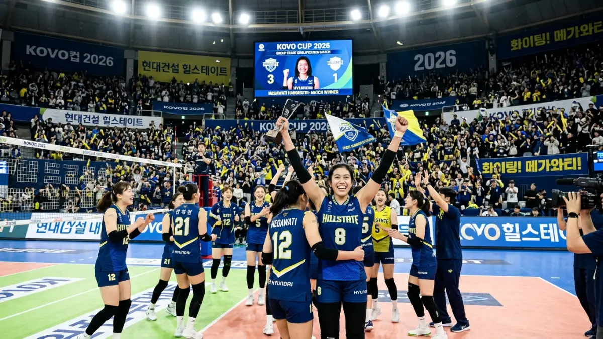 KOVO Cup 2026 membagi tujuh tim putri dalam dua grup. Megawati Hangestri bersama Hyundai Hillstate berada di Grup B. (ILUSTRASI AI)