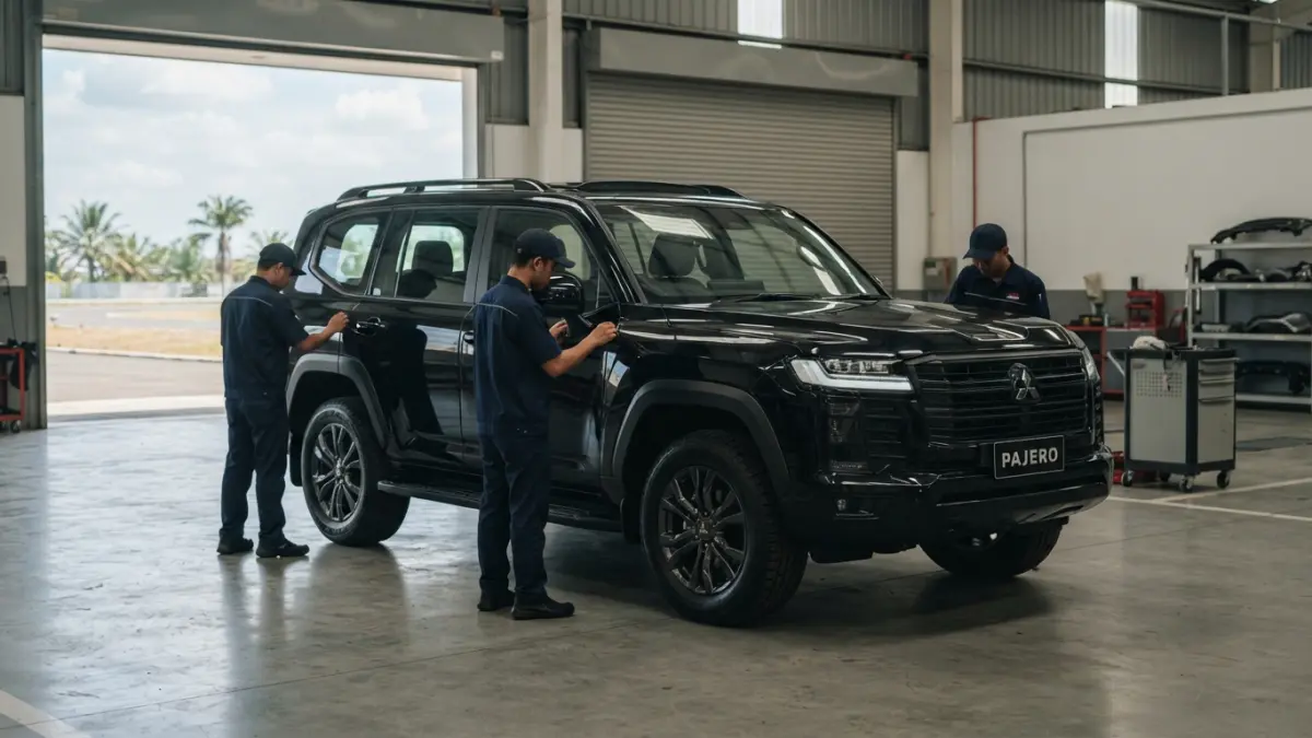 Mitsubishi Pajero terbaru tertangkap kamera saat final check. Desain makin kekar, panoramic roof, dan nama Pajero tanpa embel-embel Sport. (Gemini AI)