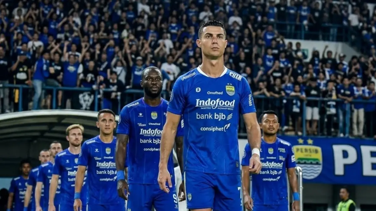 Cristiano Ronaldo ke Persib? Simak simulasi starting XI Maung Bandung dan kolaborasi CR7 dengan Ragnar, Beckham, Peralta, Haye, hingga Klok.(Ilustrasi AI)