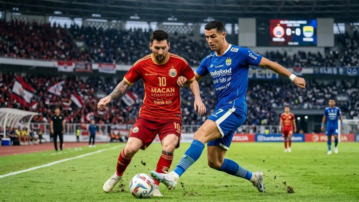 El Clasico BRI Liga 1 Super League bakal gila jika Persib punya Ronaldo dan Persija diperkuat Messi. Simak simulasi duel dua megabintang dunia.(Ilustrasi AI)
