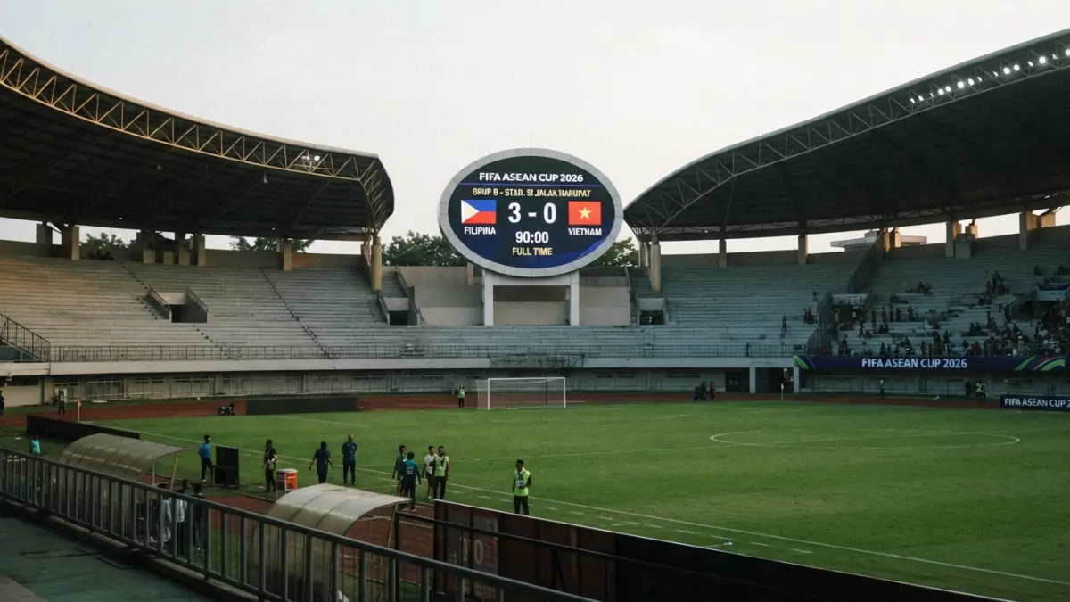 FIFA ASEAN Cup 2026 dikisahkan diwarnai kemenangan Filipina 3-0 atas Vietnam, tetapi video menegaskan cerita tersebut hanya fiksi. (Gemini AI)