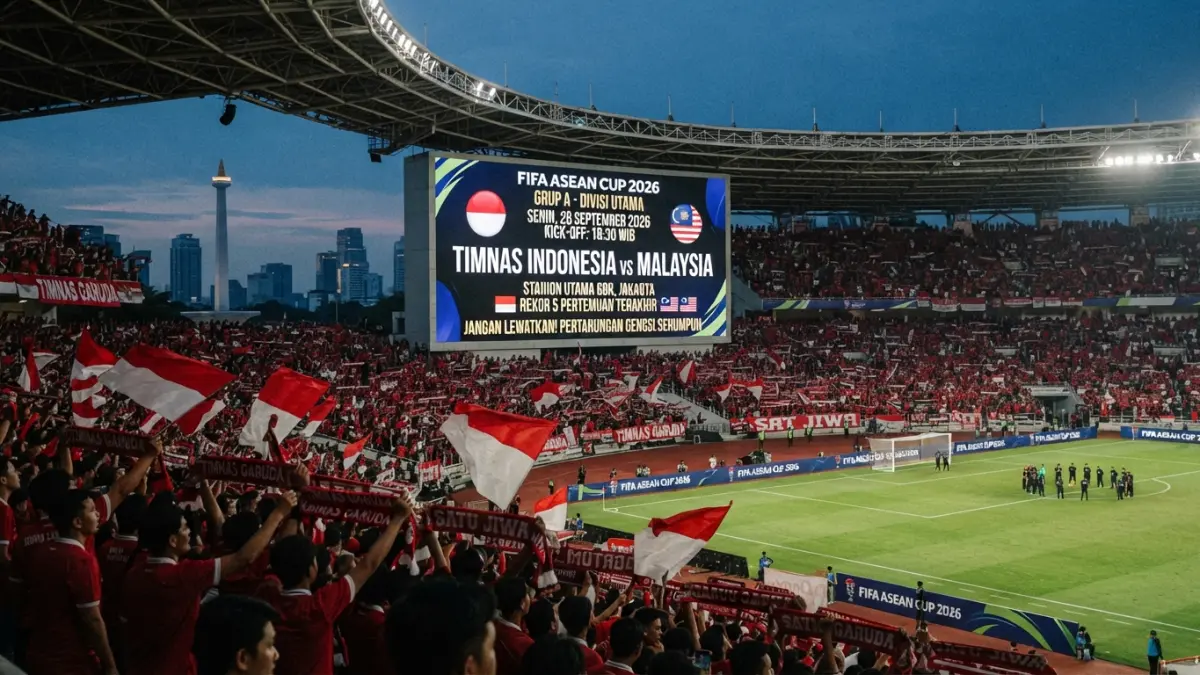 Timnas Indonesia vs Malaysia tersaji di FIFA ASEAN Cup 2026. Simak jadwal, klasemen, top skor, dan rekor pertemuan. (Gemini AI)