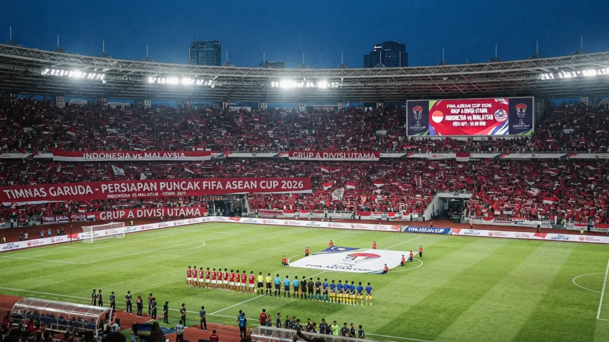 Timnas Indonesia vs Malaysia tersaji di GBK dalam lanjutan FIFA ASEAN Cup 2026. Simak jadwal dan klasemen terbaru. (Gemini AI)