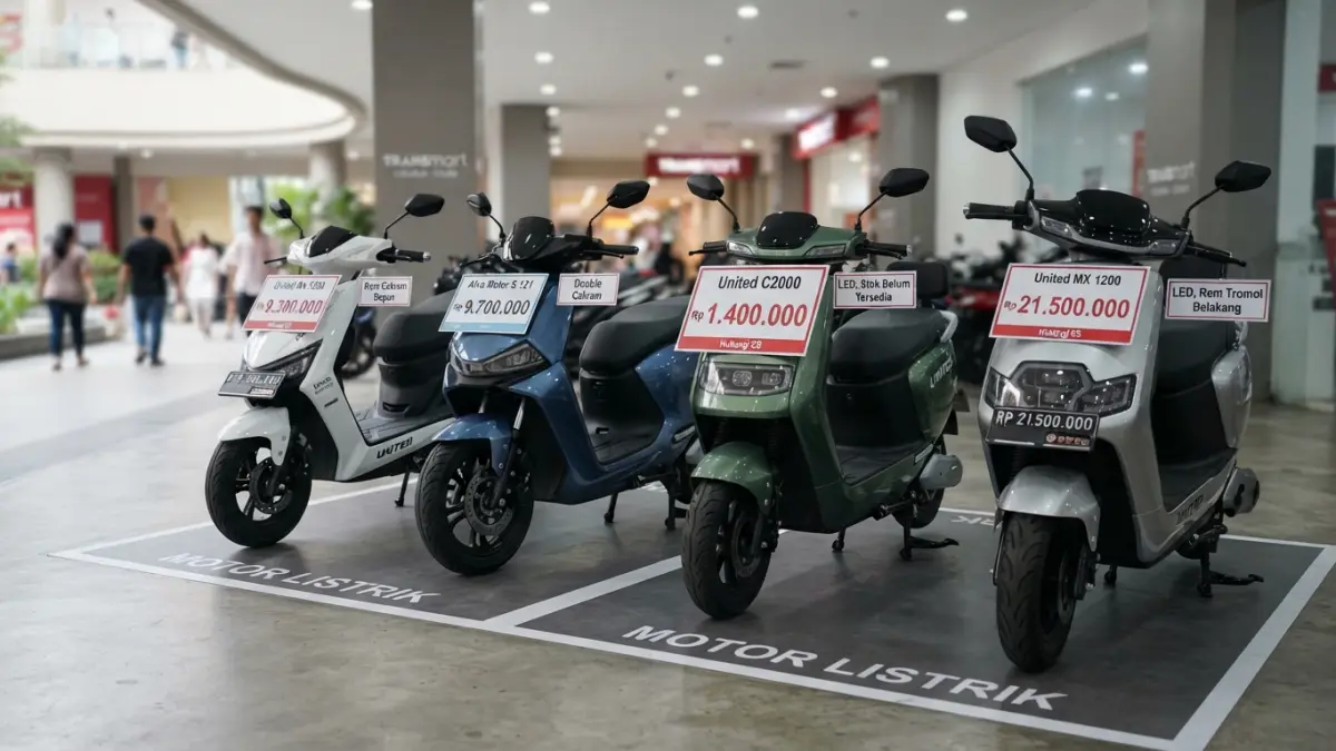 Harga motor listrik terbaru 2026 di Cibubur mulai Rp1,4 juta. Simak daftar model United dan Alva beserta harganya. (Gemini AI)
