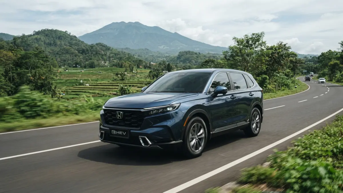 Honda CR-V Hybrid Rp829 juta menawarkan konsumsi BBM irit, performa 207 PS, dan Honda Sensing, tetapi tanpa kamera 360. (Gemini AI)