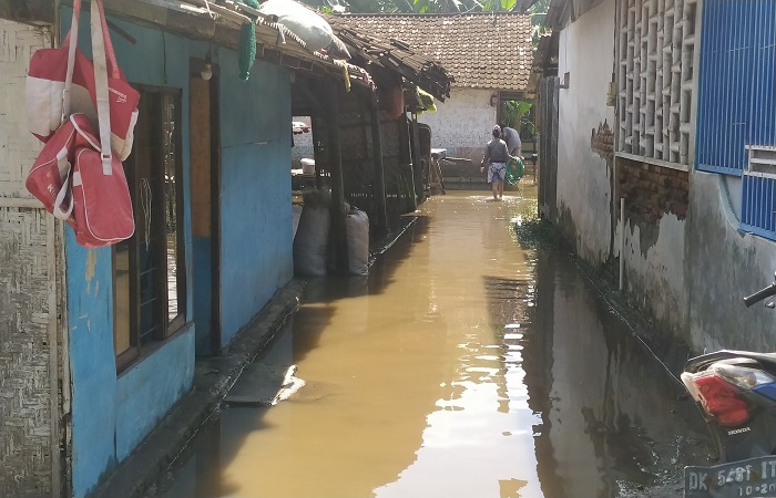 Pemukiman warga Desa Pengambengan, Jembrana, Bali, masih digenangi air banjir.
