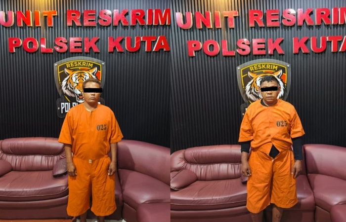 Dua spesialis cepet inisial DUS, 43, dan AL, 44, kenakanan pakaian tahanan Polsek Kuta. Keduannya ditangkap setelah melakukan copet di Kuta.