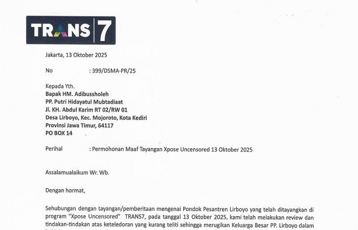 Trans7 akhirnya buka suara. Mereka mengirimkan surat resmi berisi permintaan maaf yang ditujukan langsung kepada HM. Adibussholeh pemimpin PP. Putri Hidayatul Mubtadiaat, Pondok Pesantren Lirboyo.