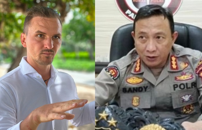 Sergeii Domogatsky alias Mr. Terimakasih dan Kabid Humas Polda Bali Kombes Pol Ariasandy, S.I.K., beri pernyataan, Selasa (21/10) kemarin.