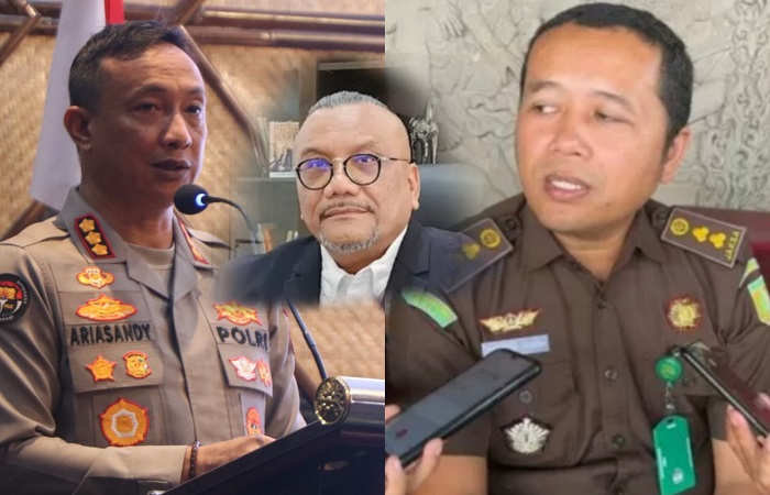 Kabid Humas Polda Bali Kombes Pol Ariasandy, S.I.K., dan Kasi Penkum Kejati Bali, Putu Agus Eka Sabana Putra, beri keterangan terkat kasus Panglima Hukum Togar Situmorang.