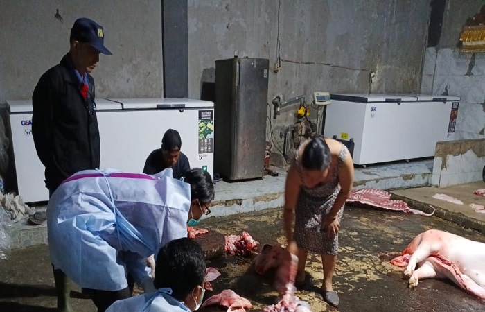 Petugas saat mengamati aktivitas pemotongan babi di Gianyar.