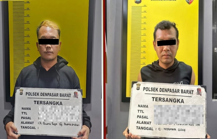 Dua pria inisial HEM, 34, dan TDK, 25, ditahan Polsek Denpasar Barat karena terlibat pencurian besi proyek.