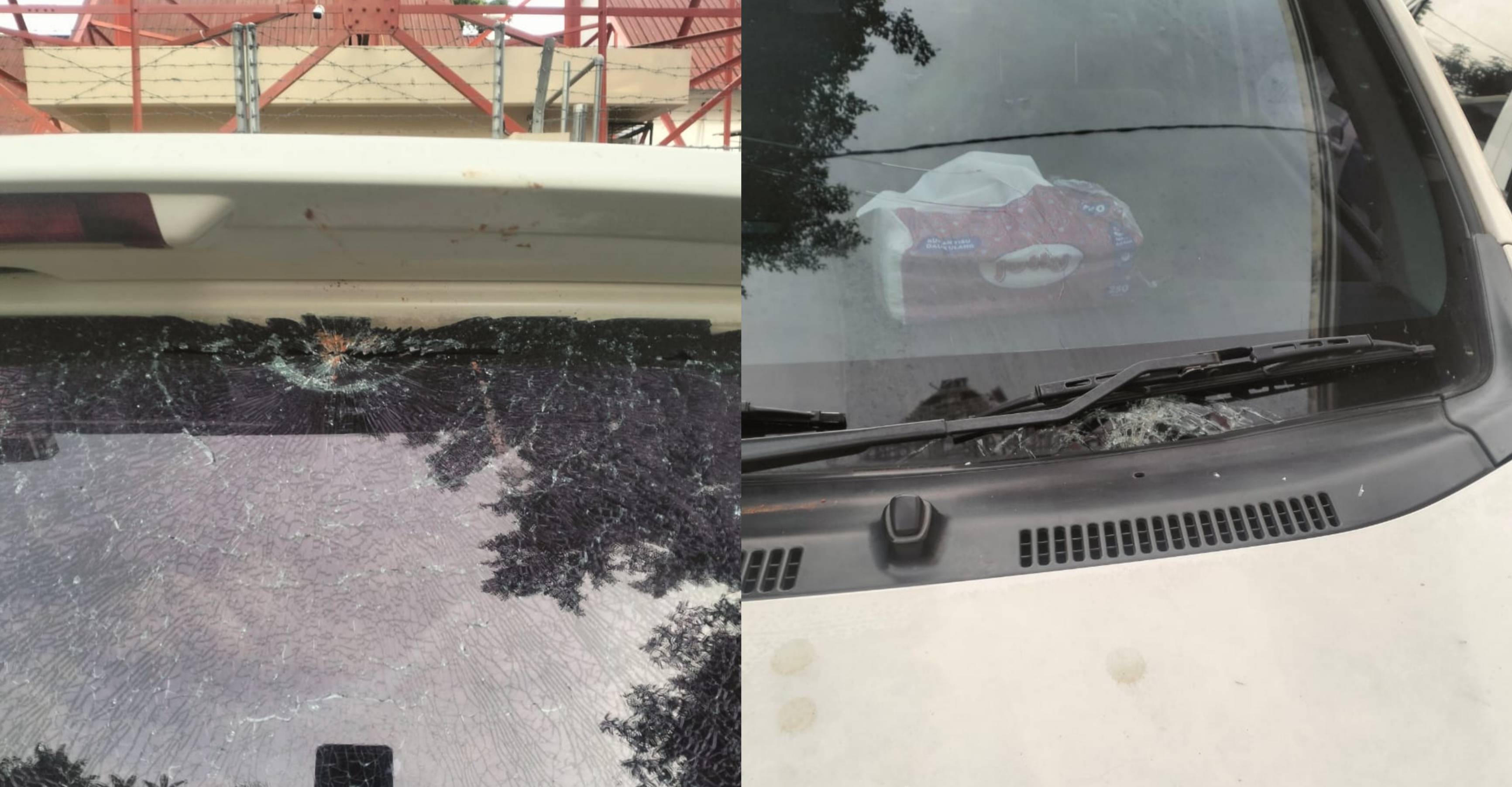 Kaca Mobil bagian depan dan belakang rusak karena dipukul WNA Argentina menggunakan batu.