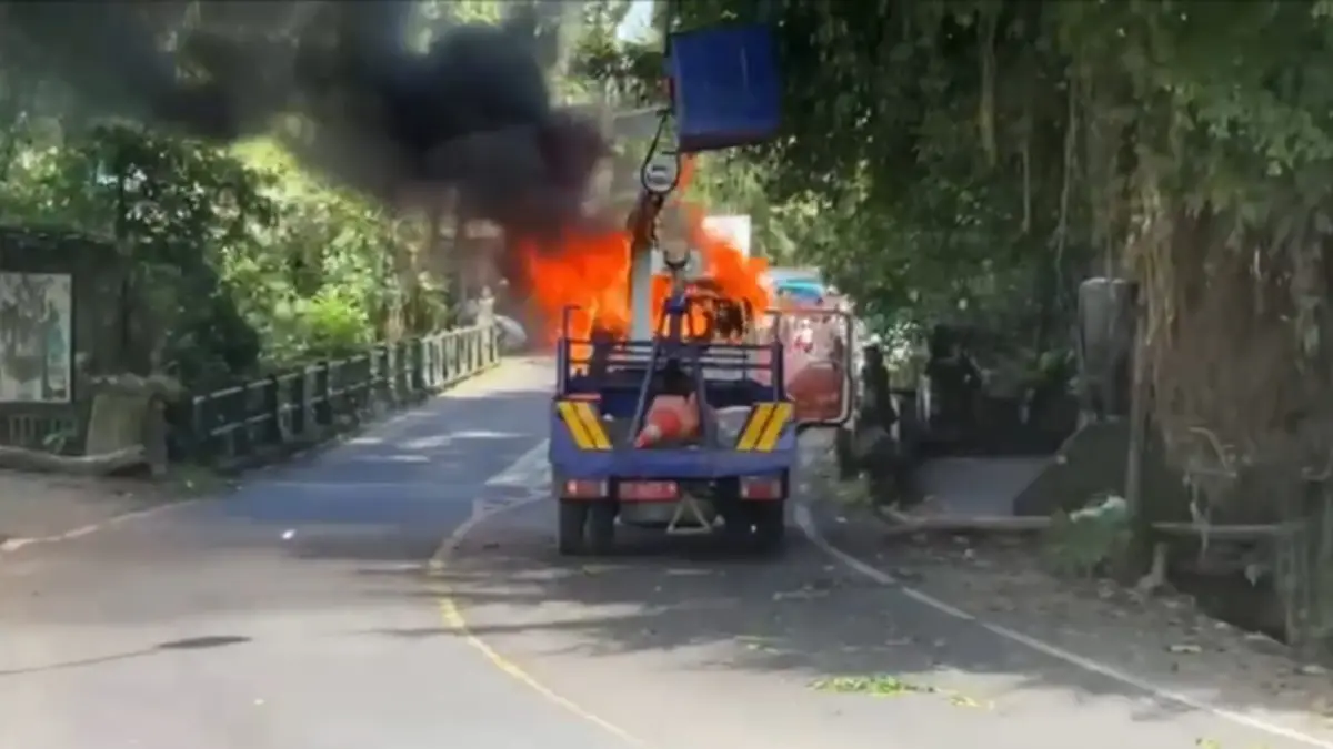 Truk skylift milik Dishub Gianyar hangus terbakar saat bertugas memangkas pohon untuk persiapan jalur ogoh-ogoh. (Istimewa) 