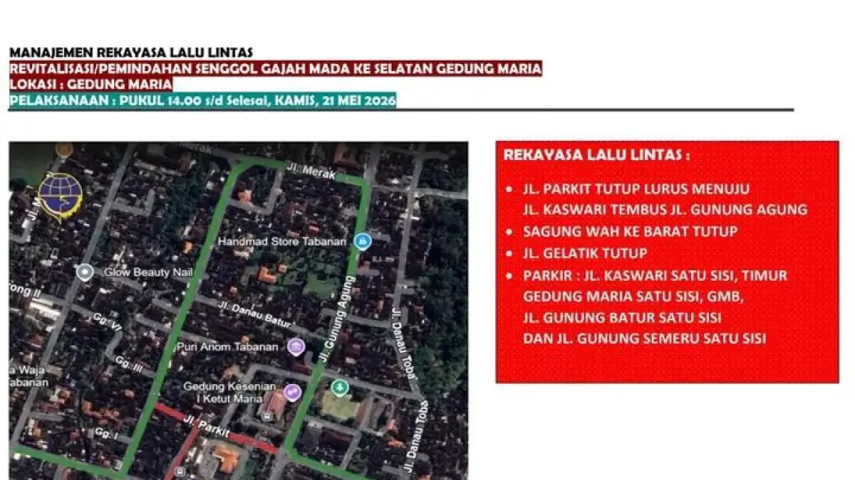 Peta skema rekayasa lalu lintas yang diterapkan Dinas Perhubungan Tabanan menyusul relokasi sementara Pasar Senggol ke kawasan Gedung I Ketut Maria. Sejumlah jalan ditutup dan kantong parkir disiapkan demi kelancaran arus lalu lintas. (Istimewa)&nbsp;

