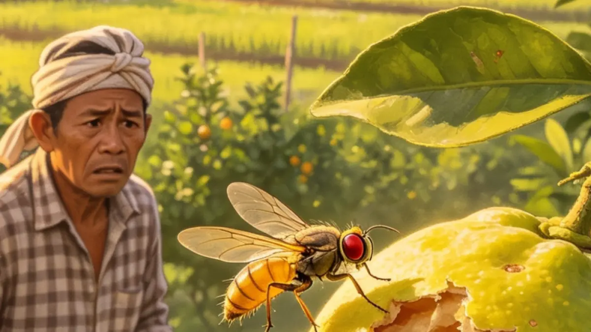 Serangan hama lalat buah menjadi masalah utama yang mengancam produktivitas dan hasil panen tanaman jeruk di wilayah Desa Buahan Kaja, Kecamatan Payangan, Gianyar. (Ai) 