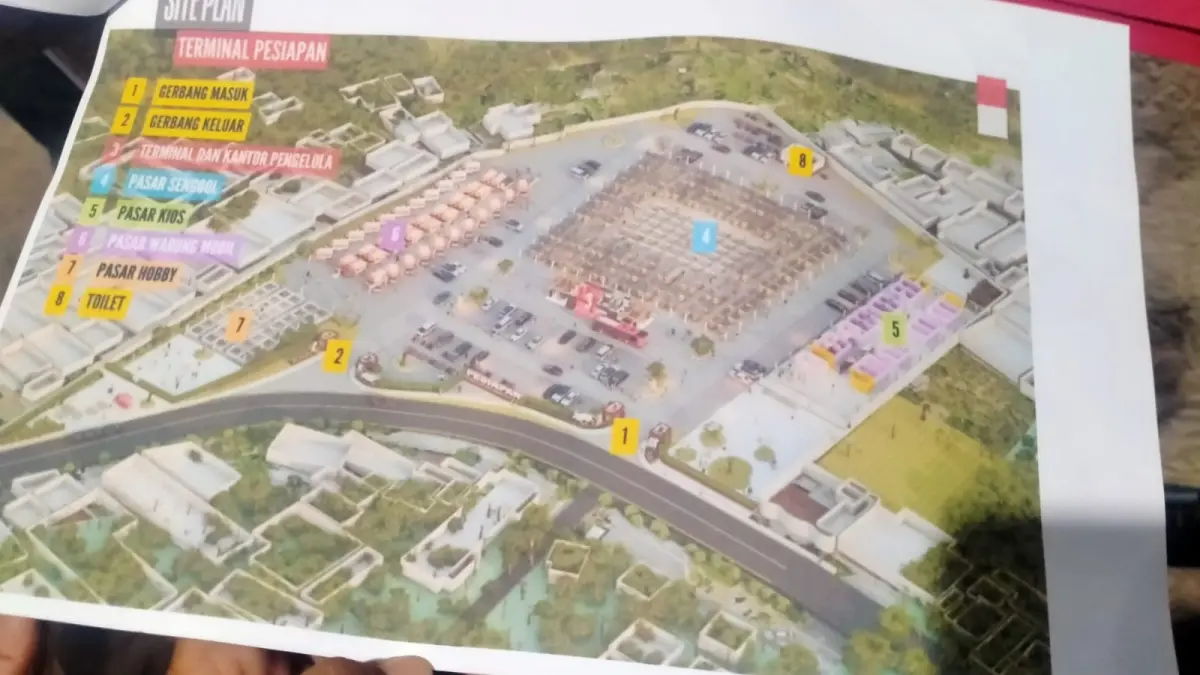 Rancangan desain penataan Terminal Pesiapan di Dauh Pala, Desa Dauh Peken, Tabanan. Pemerintah Kabupaten Tabanan memulai revitalisasi kawasan ini pada Juni 2026.(Foto Juliadi) 