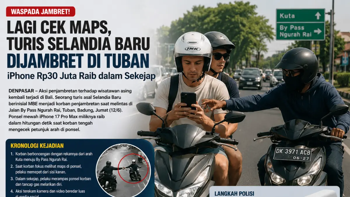 Ilustrasi aksi penjambretan yang terjadi di kawasan Jalan By Pass Ngurah Rai, Tuban, Badung. (Ai) 