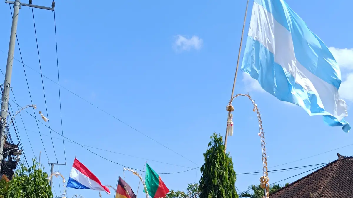Sejumlah bendera negara peserta Piala Dunia dipasang menghiasi jalan dan rumah warga di Banjar Kebon, Desa Nyitdah, Tabanan. (Foto Juliadi) 