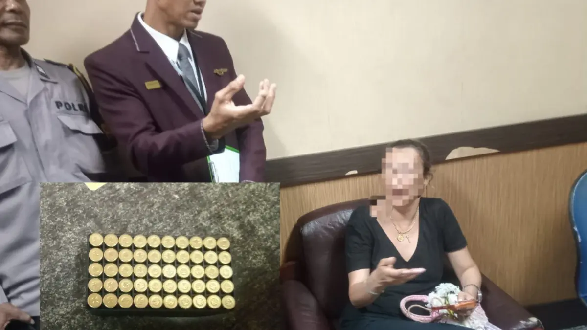 Petugas Aviation Security (Avsec) bersama aparat kepolisian mengamankan Ribeiro Da Cruz De Freites Nunes Ana Carolina beserta barang bukti 50 butir peluru di Terminal Keberangkatan Internasional Bandara I Gusti Ngurah Rai.(Istimewa) 