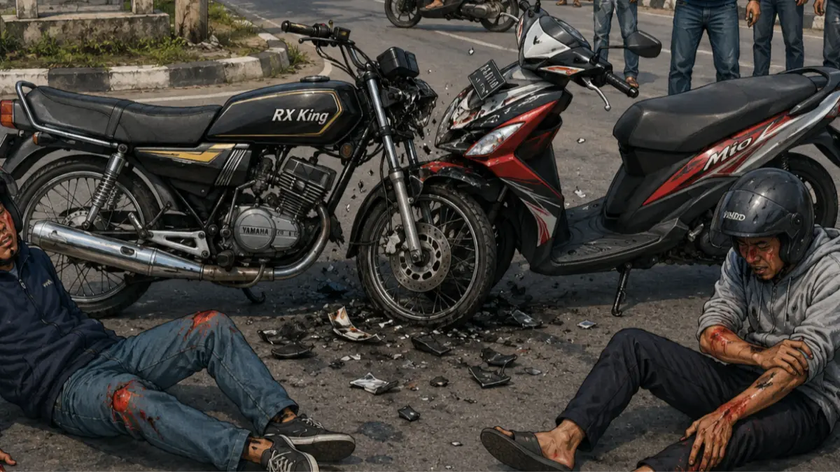 Ilustrasi, dua pengendara yakni Yamaha Mio bernomor polisi DK 2252 SN dan Yamaha RX King bernomor polisi DK 3869 FCH luka-luka setelah terlibat tabrakan di Karangasem. (Ai) 