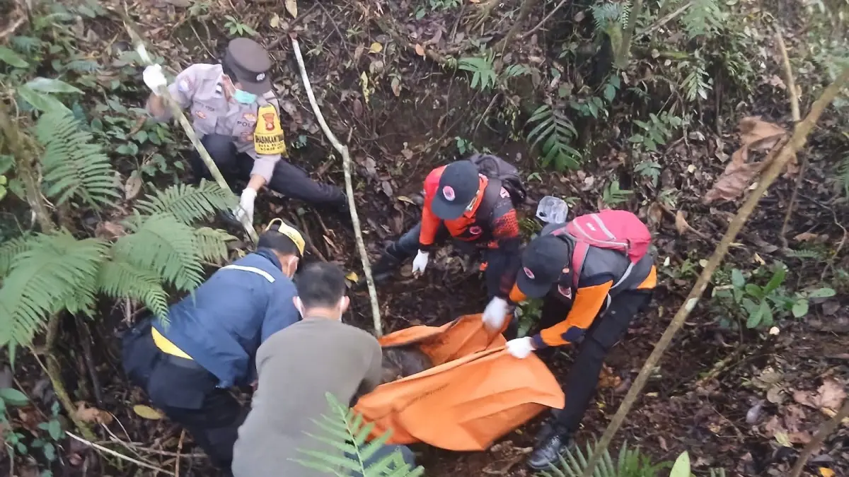Petugas gabungan dari kepolisian, BPBD, dan warga saat melaksanakan evakuasi jenazah tanpa identitas di kawasan hutan Banjar Dinas Gunung Sari Uma Kayu, Desa Jatiluwih, Penebel, Tabanan. (Foto Istimewa) 