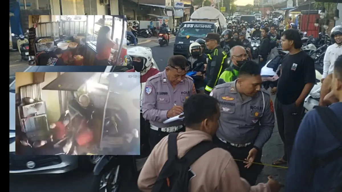 Petugas Satuan Lalu Lintas Polresta Denpasar melakukan olah tempat kejadian perkara setelah sebuah mobil menabrak warung ayam geprek dan sejumlah sepeda motor di Jalan Ahmad Yani Utara, Denpasar Utara, pada Selasa (30/6) kemarin. (Foto Istimewa) 