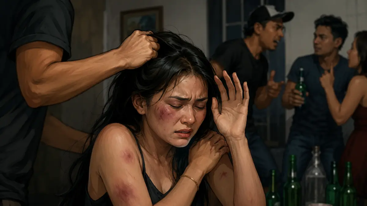 Ilustrasi, Kasus penganiayaan yang dipicu pesta minuman keras mengakibatkan seorang wanita mengalami sejumlah luka memar dan lecet di wajah serta tubuhnya.(Ai) 