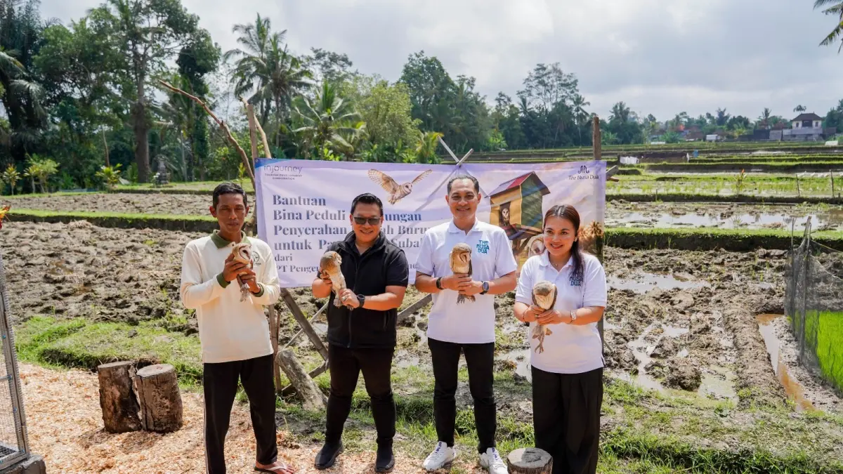 Perwakilan ITDC bersama Yayasan Owl Tower Bali dan Kelompok Tani Desa Kedisan menunjukkan burung hantu Tyto alba usai penyerahan bantuan Rumah Burung Hantu (RUBUHA) di Desa Kedisan, Kecamatan Tegallalang, Gianyar, Kamis (30/7) lalu. (Foto ITDC Nusa Dua)