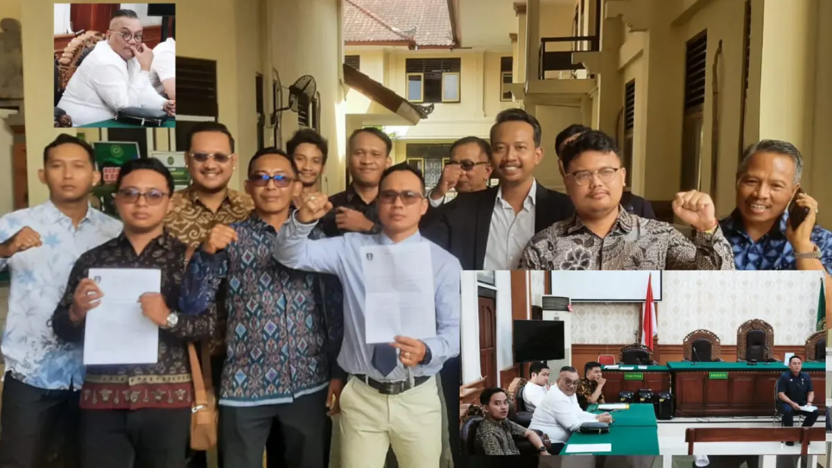 Tim kuasa hukum tergugat memberikan keterangan kepada awak media usai menjalani mediasi gugatan perdata senilai Rp 25 miliar di Pengadilan Negeri Denpasar, Selasa (4/8) pagi.(Foto Andre Sulla)