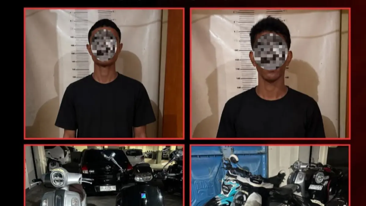 Tim Resmob Ditreskrimum Polda Bali mengamankan dua pelaku yang diduga merampas sepeda motor Vespa dengan modus mengaku sebagai penagih utang. Dari tangan pelaku, polisi turut menyita enam unit sepeda motor berbagai merek dan sejumlah telepon seluler.(Istimewa)