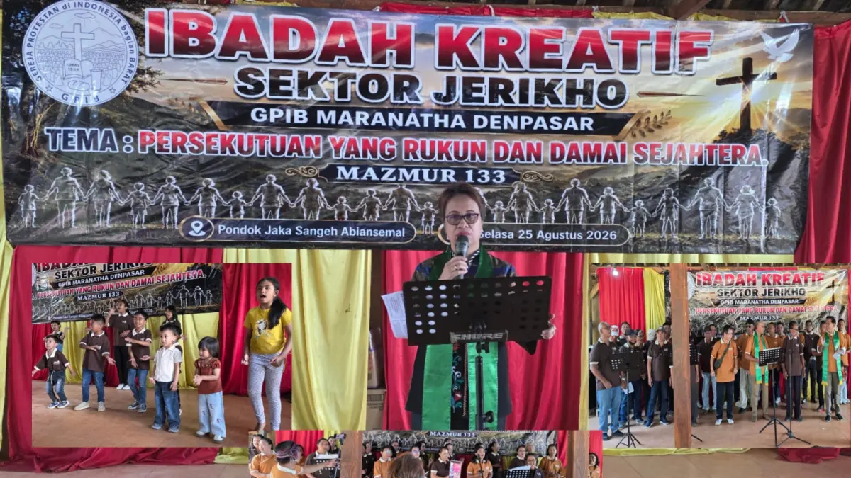 Jemaat Sektor Pelayanan Jerikho GPIB Maranatha Denpasar mengikuti ibadah kreatif di Pondok Jaka Sangeh, Abiansemal, Selasa (25/8). Suasana berlangsung hangat, penuh canda tawa, dan mempererat persaudaraan antar jemaat.(Foto Andre Sulla)