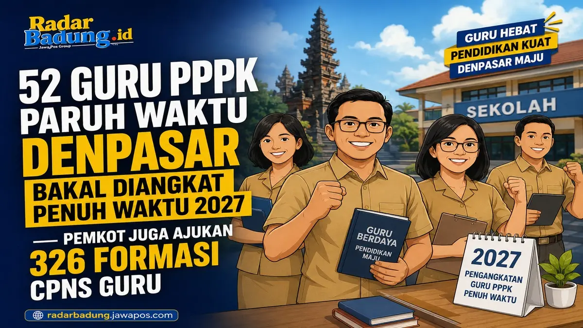 Pemerintah pusat rencanakan mengangkat guru PPPK paruh waktu menjadi penuh waktu pada 2027. Pemkot Denpasar menyambut baik sekaligus menyiapkan 326 formasi CPNS guru untuk mengisi kekosongan akibat pensiun.(Ai)