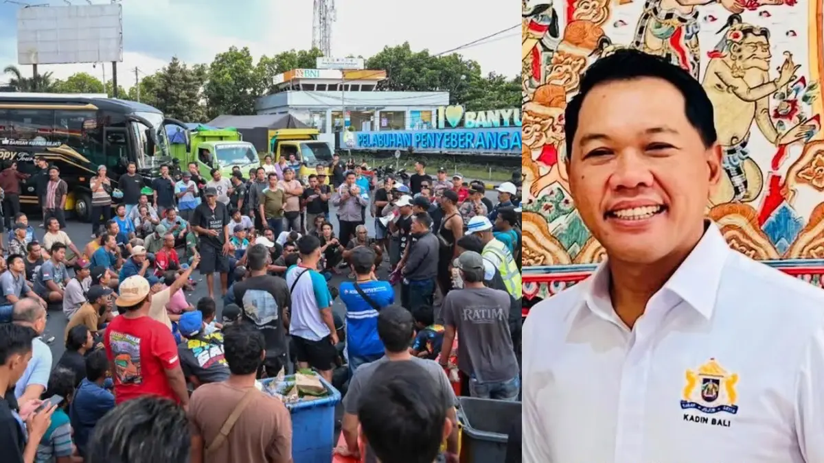 Sopir truk melakukan aksi unjukrasa di dekat pintu masuk Pelabuhan Ketapang, Kamis sore (4/9). Pemicunya, sudah berhari-hari mereka tidak bisa masuk pelabuhan. Foto kanan, Wakil Ketua Umum Kadin Bali sekaligus Ketua ALFI Bali, A.A. Bgs Bayu Joni Saputra. (Ramada Kusuma/Radar Banyuwangi)
