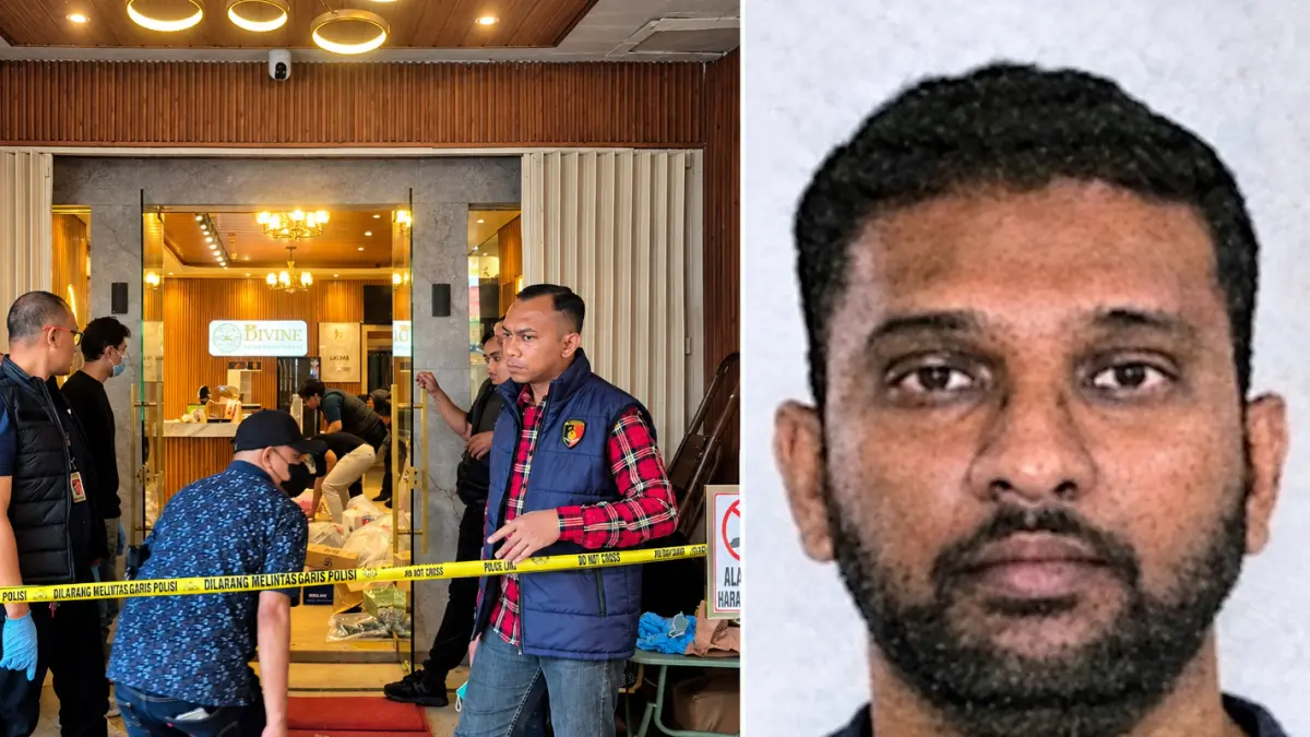 Penyidik Ditreskrimum Polda Bali saat melakukan penggeledahan dan penyitaan di Toko Emas Divine dan PT Emas Now di Pertokoan Duta Wijaya, Renon, Denpasar, Selasa (29/9). Foto kanan, Jaya Krishna Reddy, Warga Negara India diketahui sudah kabur ke luar negeri.(dok radarbadung.id)