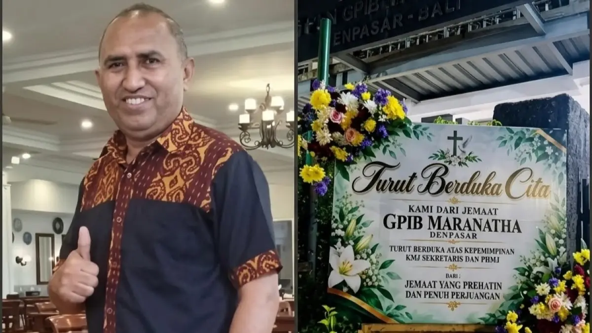 Ketua I PHMJ GPIB Maranatha Denpasar, Penatua Ketrianus P. Neno, memberikan keterangan resmi.
Ini masalah internal di lingkungan presbiter GPIB Maranatha Denpasar dan saat ini masih berproses. Foto kanan, krans bunga yang dikirim warga jemaat GPIB Maranatha Denpasar.(Istimewa)