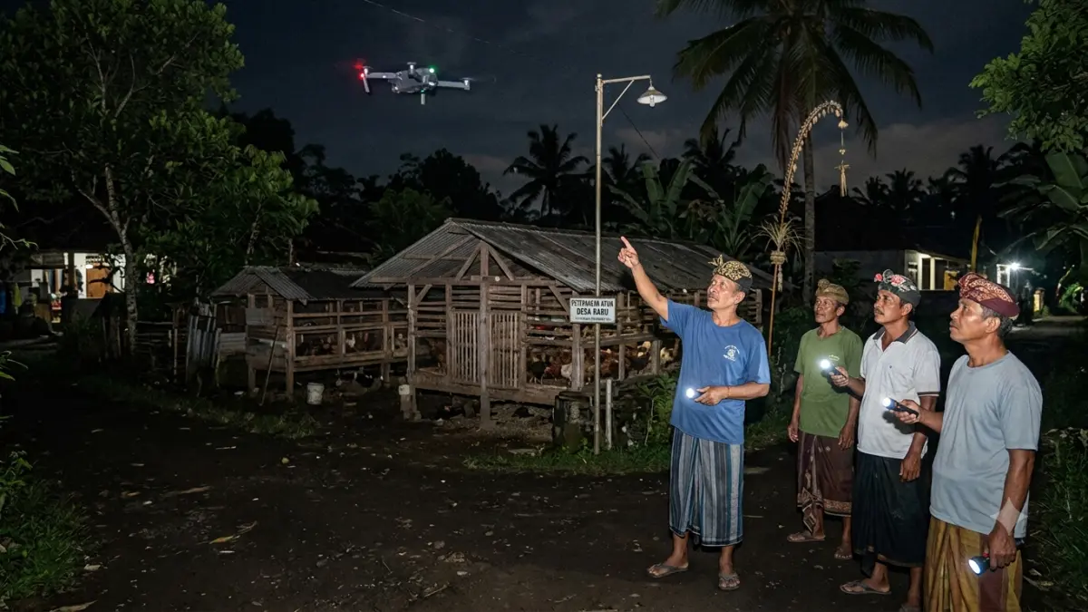 Drone misterius gegerkan warga di Marga, Tabanan. Mereka resah. (Ilustrasi AI)