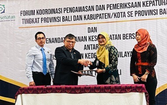 JAMINAN KESEHATAN: Penandatanganan kesepakatanan antara BPJS Kesehatan Kedeputian Wilayah XI dengan Kejaksaan Tinggi Bali yang dilaksanakan pada Selasa (13/6/2023). (BPJS Denpasar untuk Radar Bali)