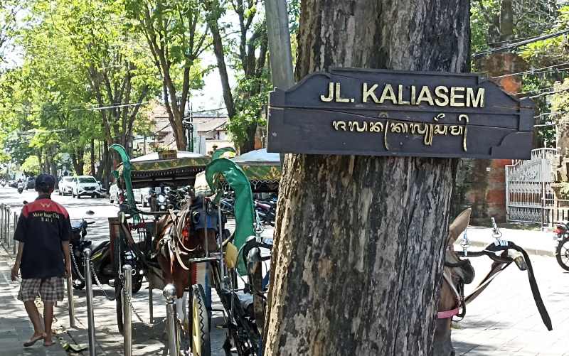 TIDAK LAZIM : Papan nama Jalan Kaliasem, Denpasar, ini menempel di pohon.