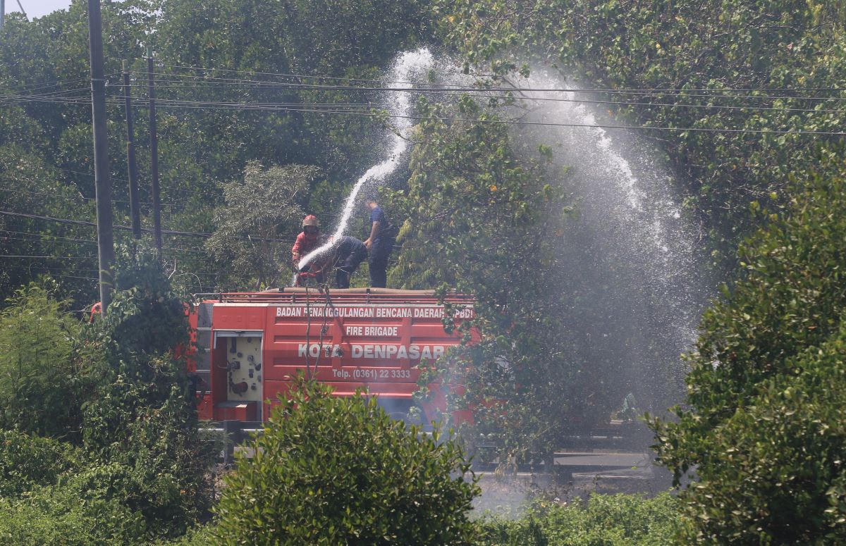 KEBAKARAN LAHAN KOSONG: Petugas unit Damkar BPBD kota Denpasar menyemprot percikan api di lahan  kosong terbakar di kawasan Sidakarya Dennpasar Selatan Minggu, 10 September 2023.