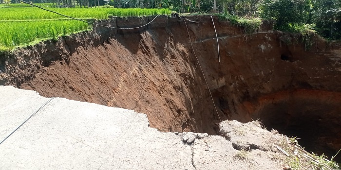 Jalan di Banjar Cebok menuju Desa Kedisan, Tegallalang dan Tampaksiring, Gianyar amblas.