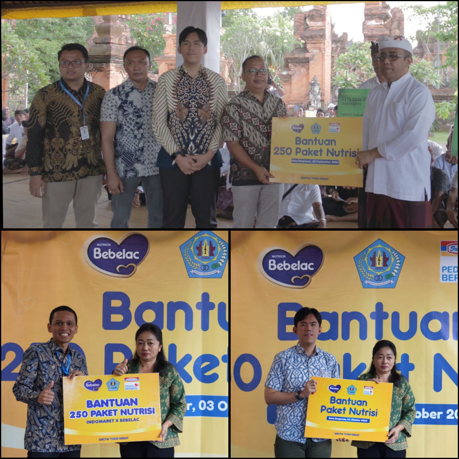 CSR: BM Indomaret Cabang Bali Hubertus Budiyantoro menyerahkan bantuan kepada Wali Kota Denpasar IGN Jaya Negara (kanan) didampingi Sales Field Manager Danone Abdi Syahputra Dharma Nasution (ft atas).
