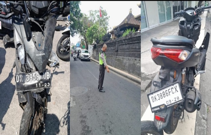 Dua pengendara sepeda motor terlibat tabrakan di tikungan Jalan Majapahit, depan Toko BB Leather Supllier, Kuta, Badung, Selasa 31 Oktober 2023. DUa orang tewas, dua Orang Patah Rahang.